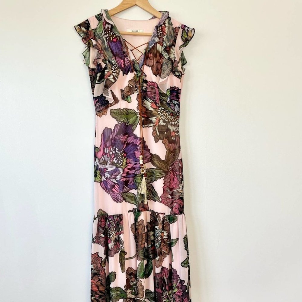 Badgley Mischka Pink Floral Ruffle Sleeve Flowy Maxi Dress Size 2